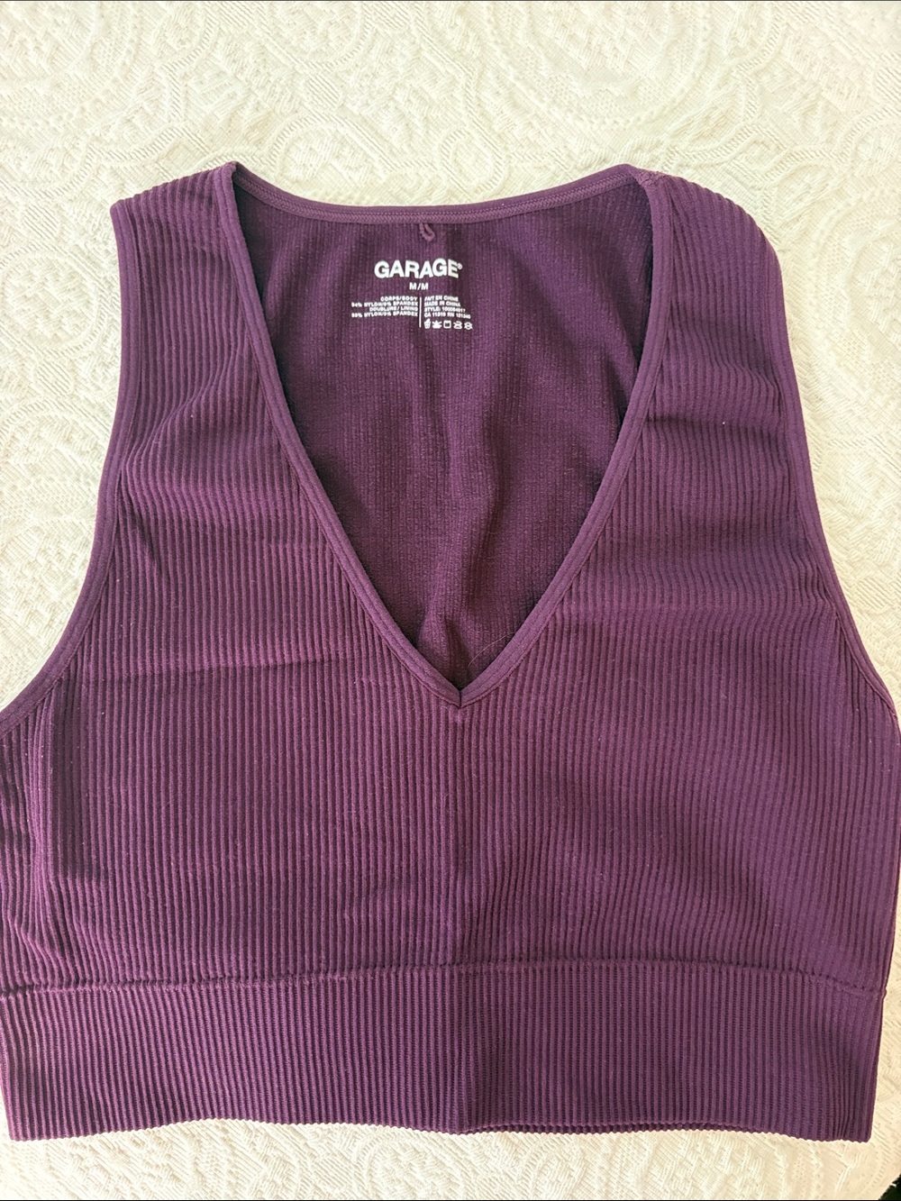 Garage Plum Ribbed V-Neck Crop Tank